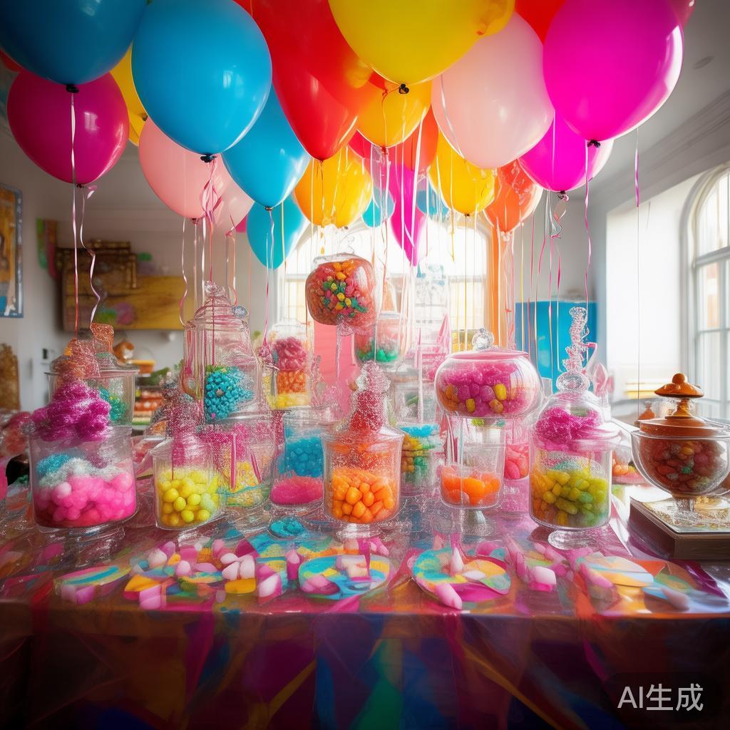 为增强视觉效果，派对现场应以糖果、彩色气球、梦幻布